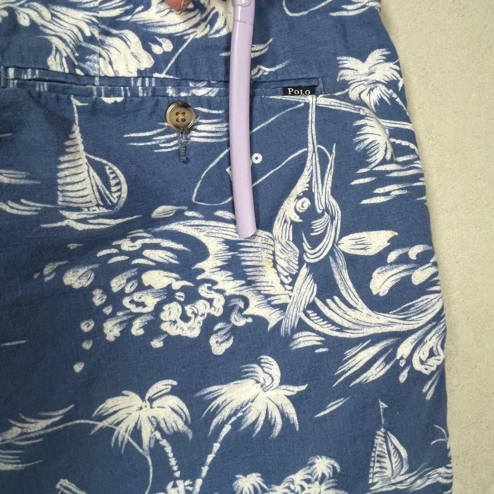 Polo Ralph Lauren Shorts Men 42 Blue Marlin Sailboat Nautical Linen Blend Preppy